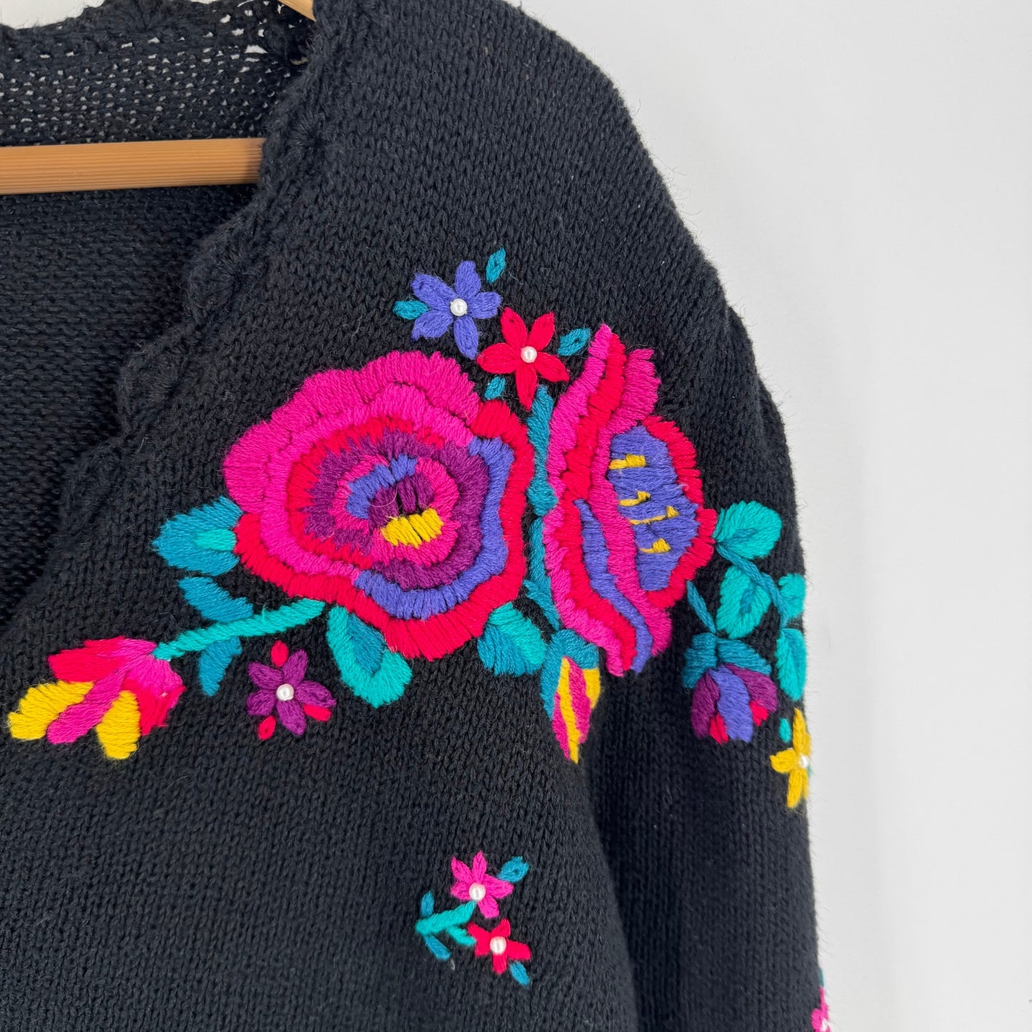 Private Party Vintage Black Embroidered Floral Cardigan Rame Cotton Knit M