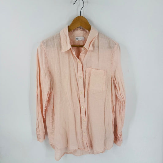 Gap Boyfriend Fit Linen Button Down Shirt Peach Long Sleeve Pocket Size M