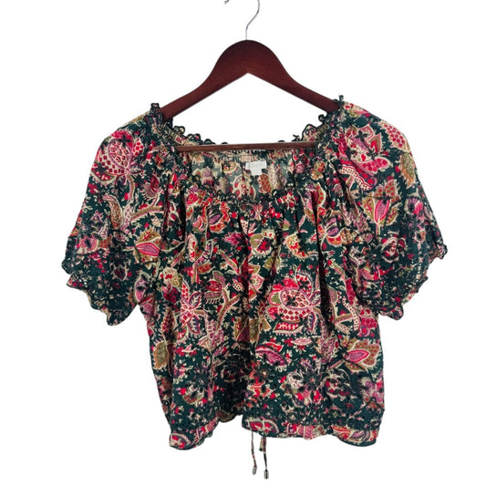 Jennifer & Grace Smocked Cotton Cropped Blouse Paisley Boho Short Sleeve Size L