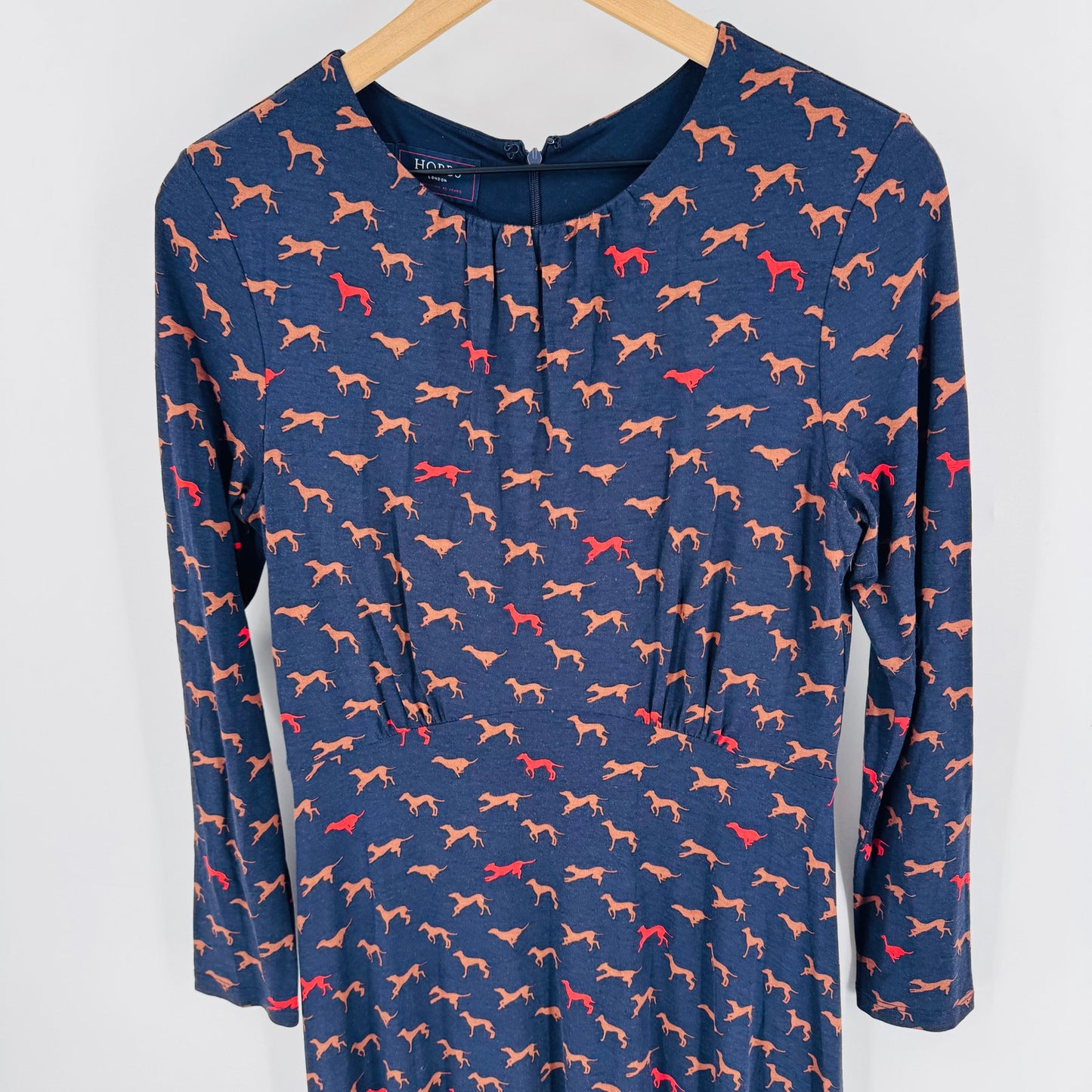 Hobbs London Sian Jersey Dress Dog Print Navy Blue Long Sleeve Casual Size 6