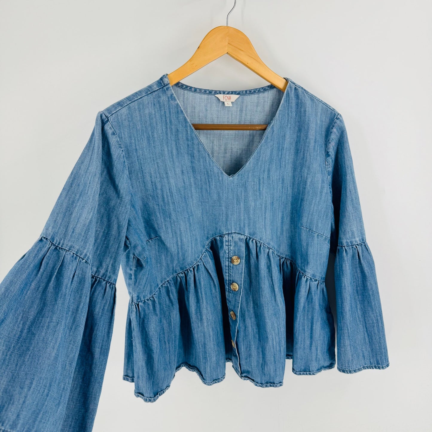Boutique Fosh Chambray Peplum Blouse Long Bell Sleeve V-Neck Denim Top Size L