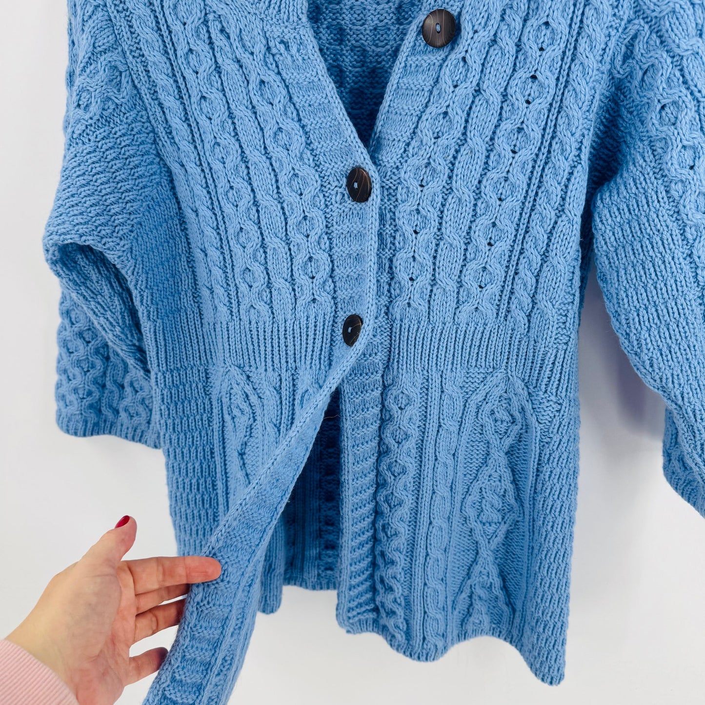 Kilronan Knitwear Irish Merino Wool Blue Aran Cardigan Buttons Small Fisherman