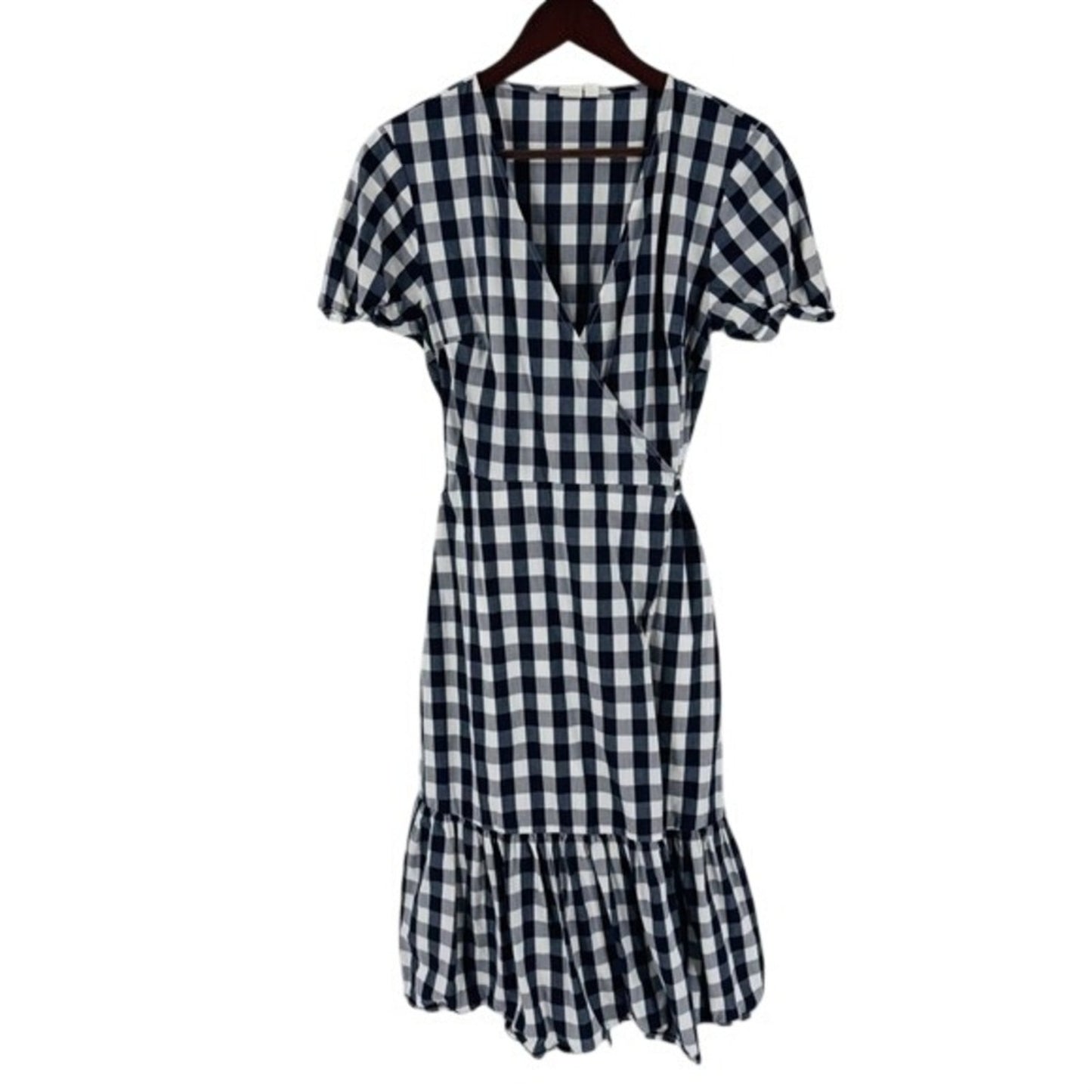 GAP Gingham Wrap Midi Dress Ruffle Hem Cotton Navy Blue White Gingham‎ Size M