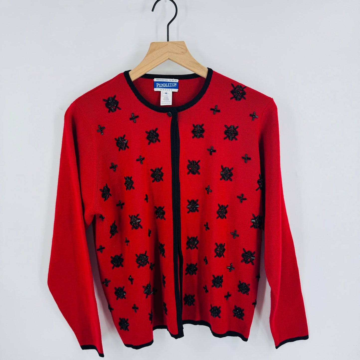 Vintage Pendleton Petite Wool Blend Cardigan Beaded Floral Red Black Made in HK M