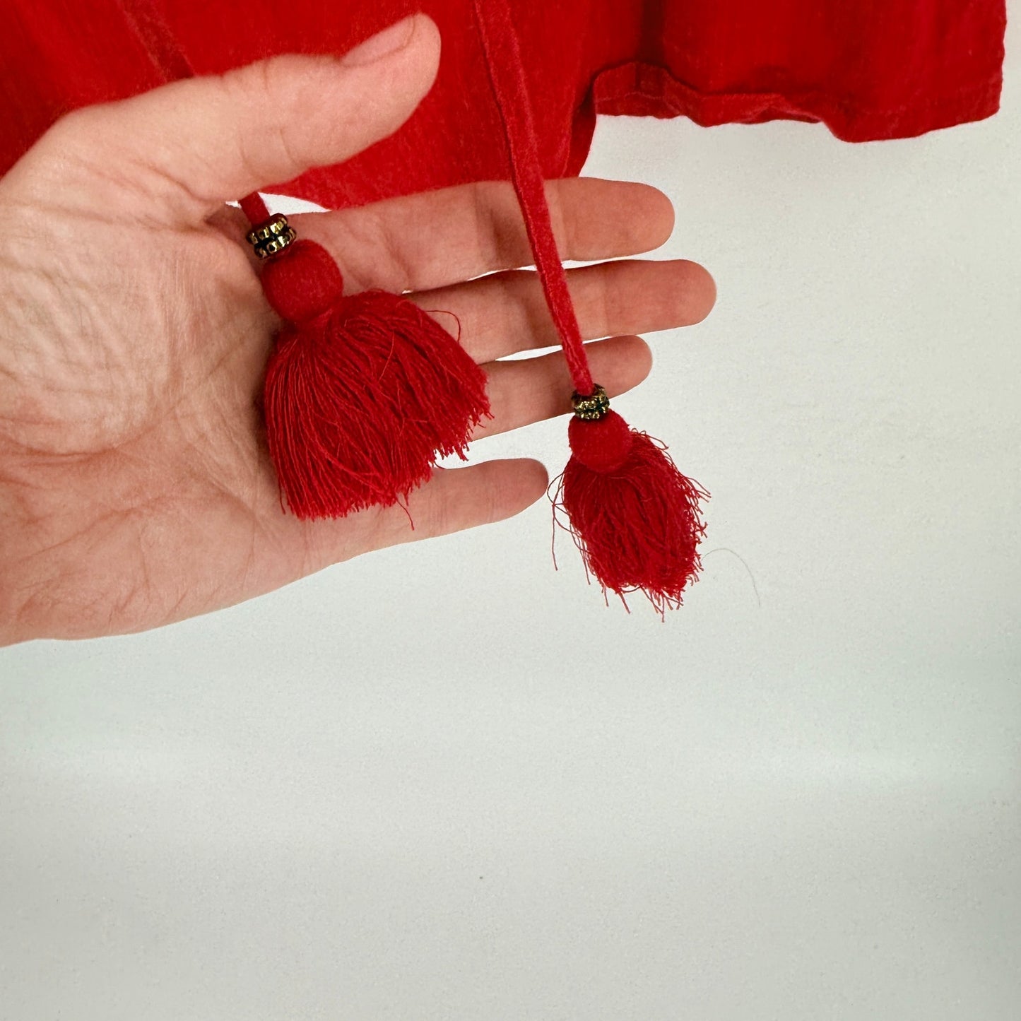 Knox Rose Embroidered Tassel Top Red Medium Boho Coastal Americana