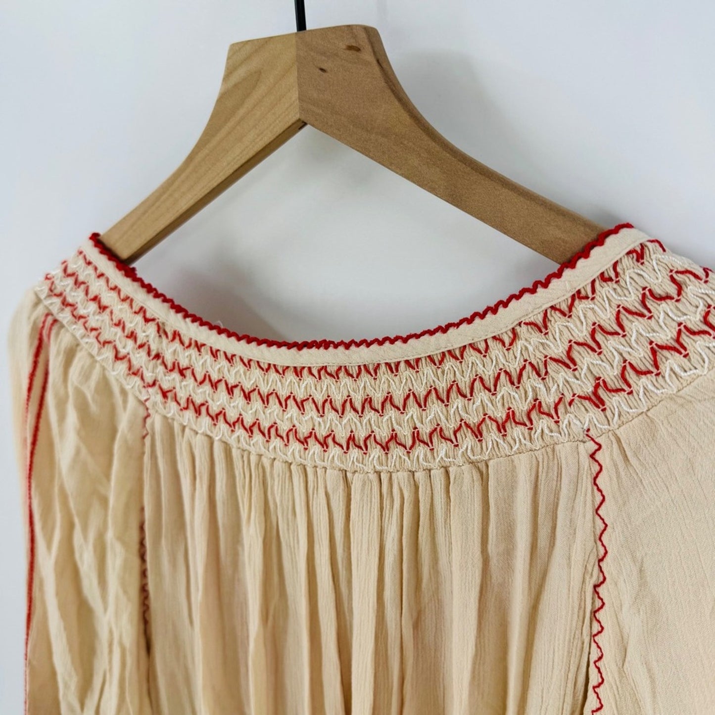 Free‎ People Wind Willow Mini Dress Embroidered Tassel Peasant Cream Red Size M