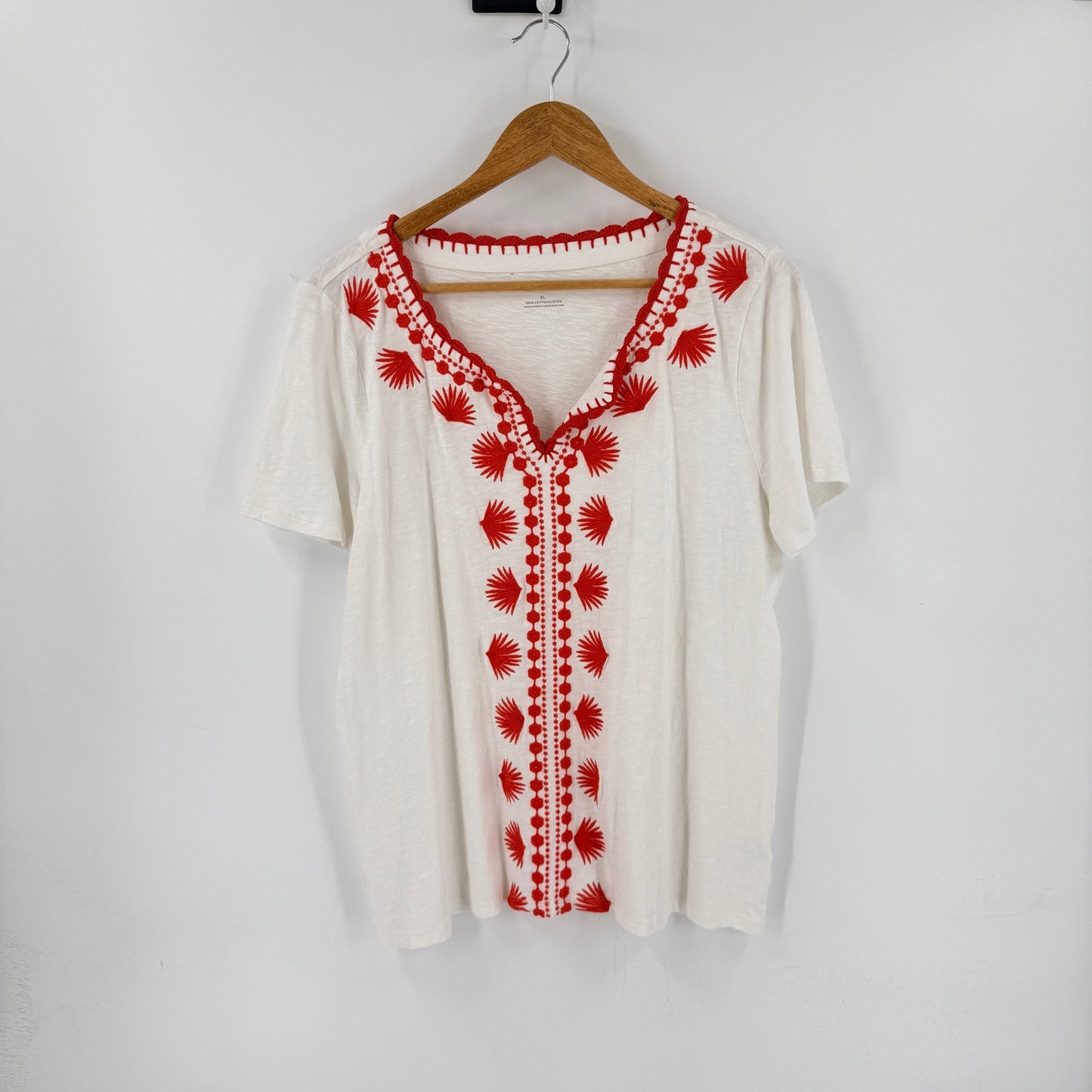 Talbots Embroidered Top Ivory Red XL Coastal Boho Americana