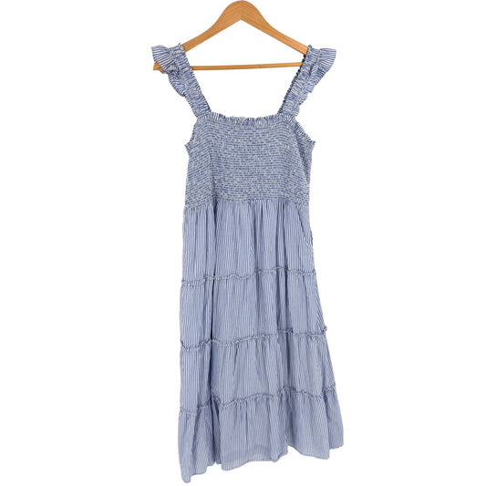 J. Crew Factory Blue White Stripe Smocked Midi Dress Medium Coastal Cottagecore