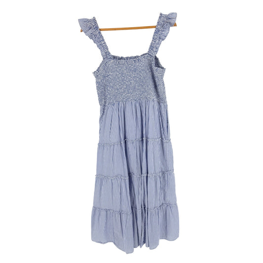 J. Crew Factory Blue White Stripe Smocked Midi Dress Medium Coastal Cottagecore