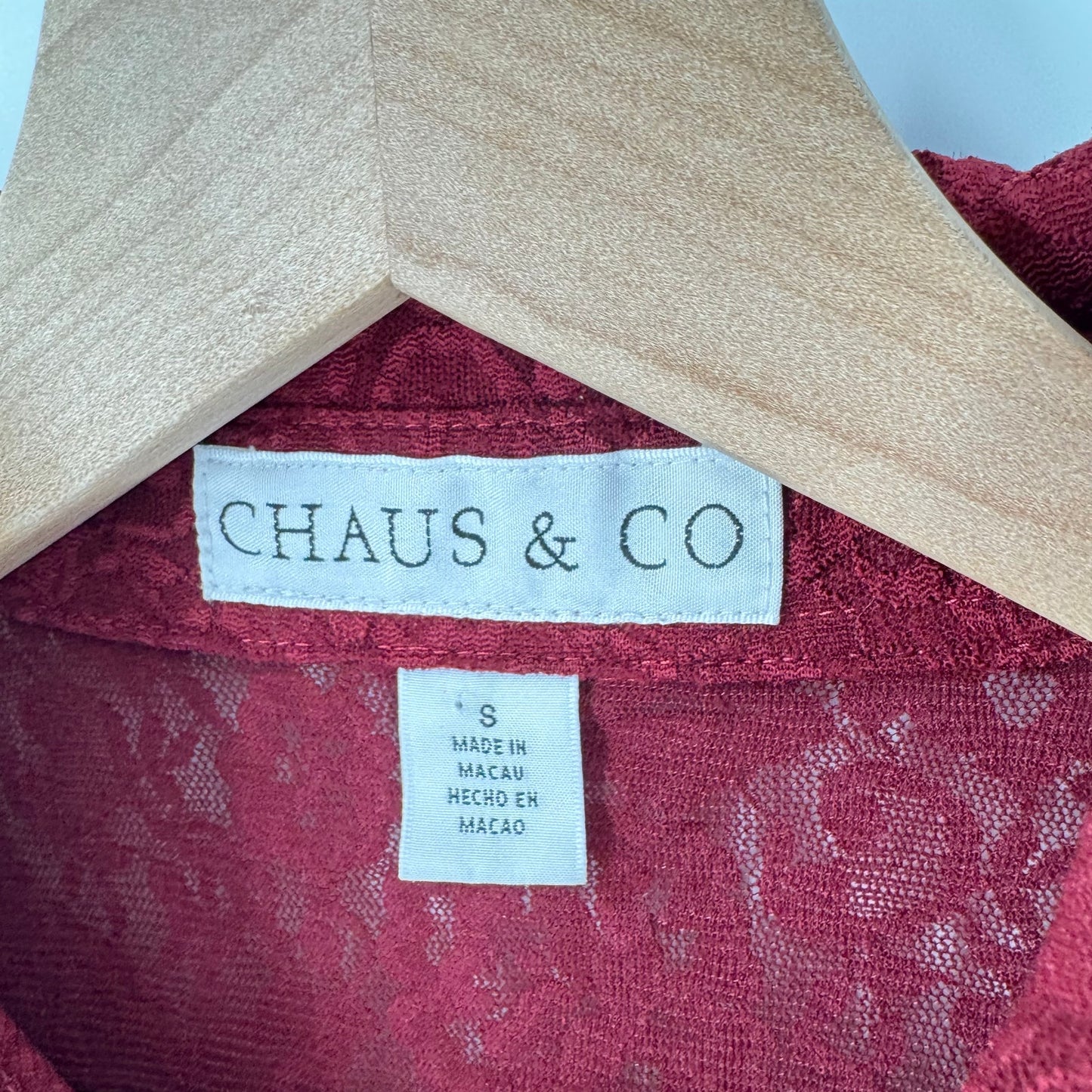 Vintage Chaus & Co Burgundy Lace Button Down Blouse Sheer Long Sleeve S