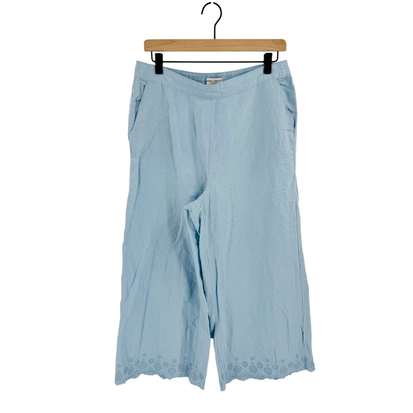 Aura Ashley Linen Blend Eyelet Hem Wide Leg Pants Pastel Blue Large Boho Coastal