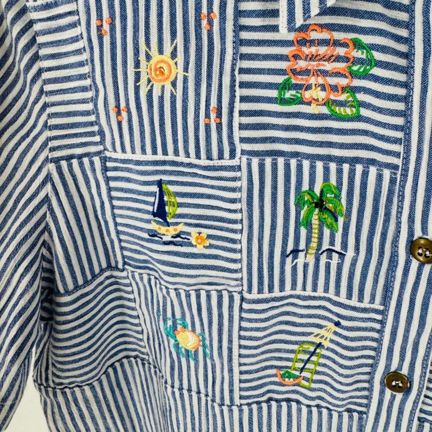 Vintage Embroidered Beach Scenes Button Down Shirt Blue Striped S Tropical
