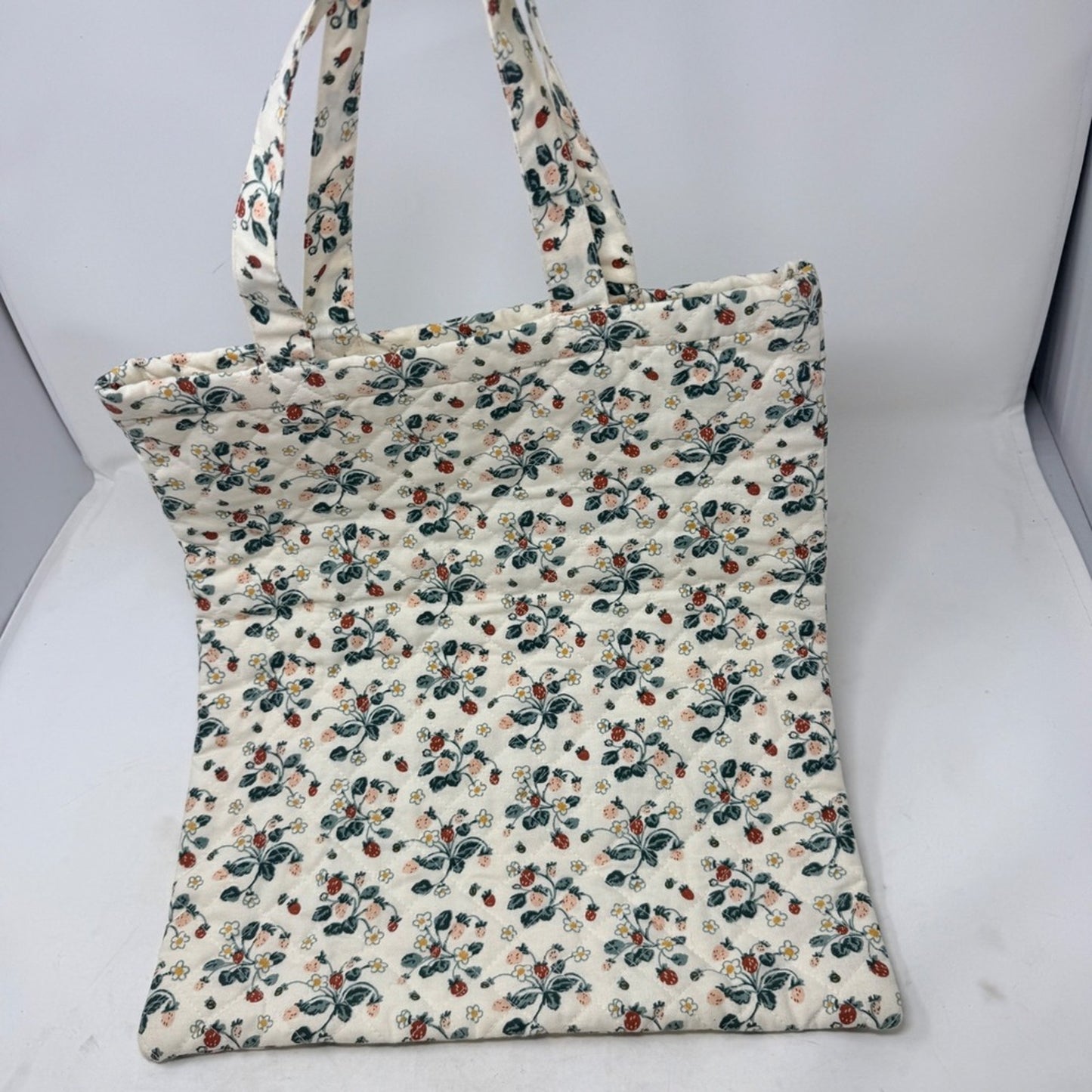 Creative Co-op Strawberry Floral Quilted Cotton Tote Bag Cream Red Green