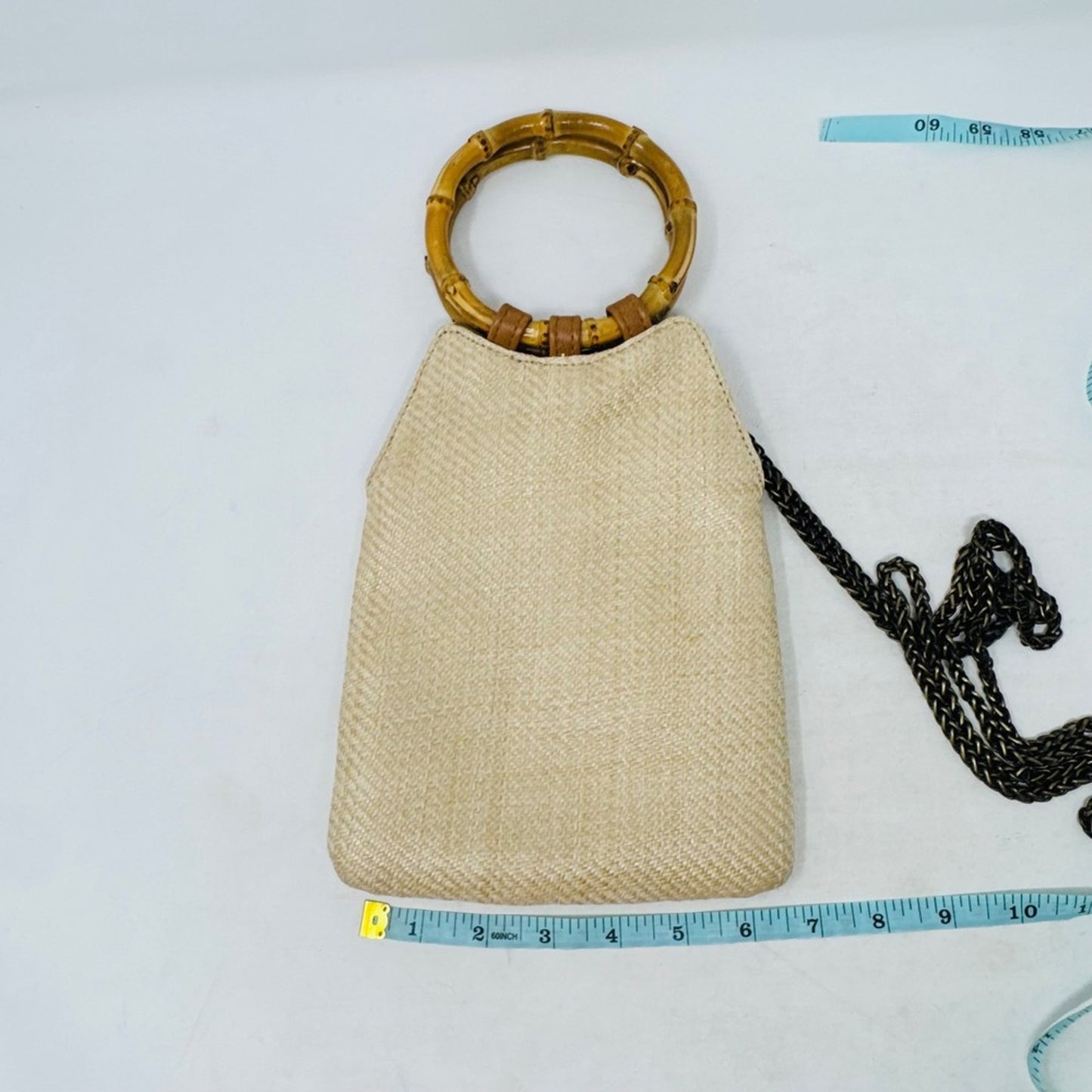 Lulus Small Woven Straw Beige Handbag Bamboo Ring Handle Boho Crossbody Bag Boho