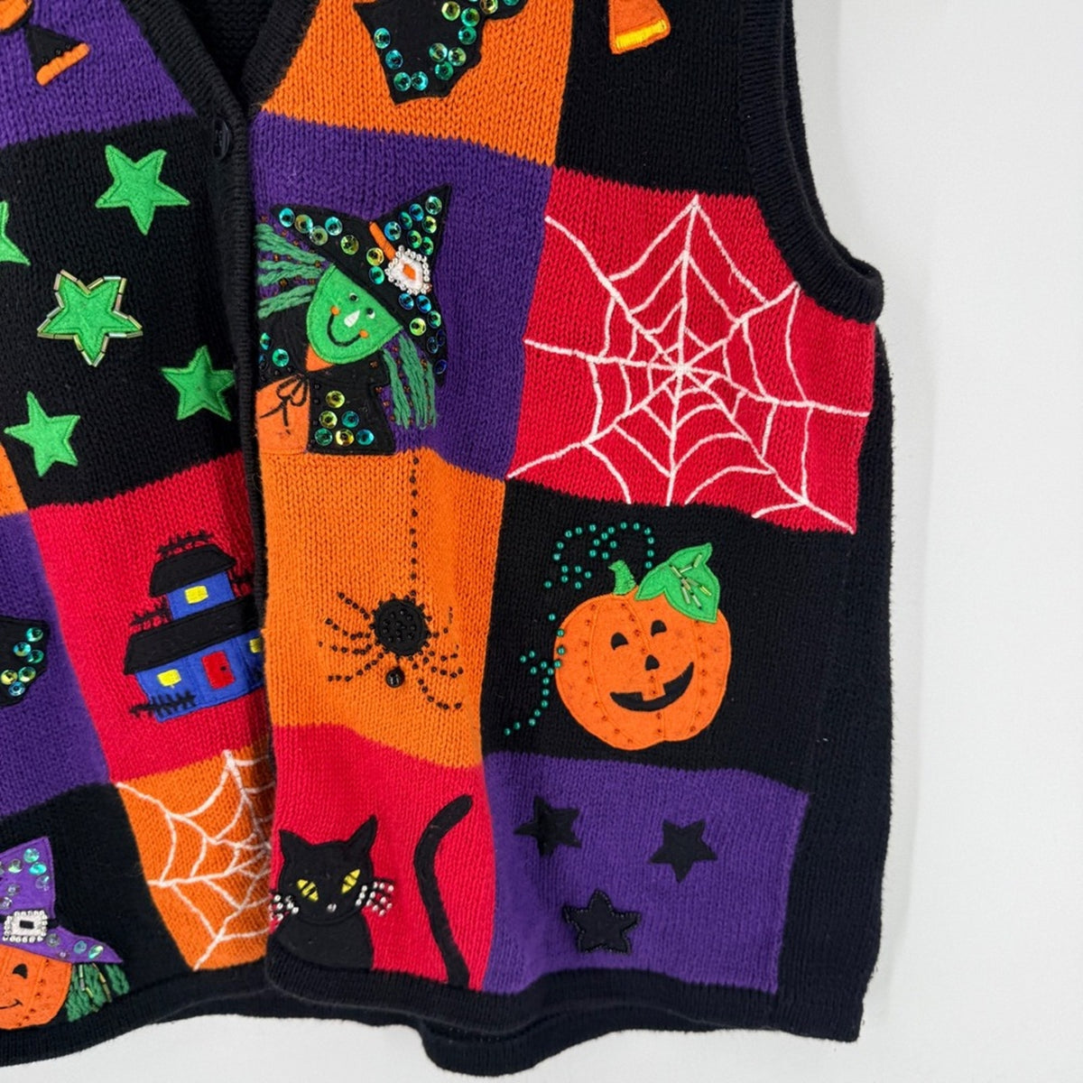 Vintage 90s White Stag Halloween Sweater Vest XL Spooky Kitschy Patchwork Witchy