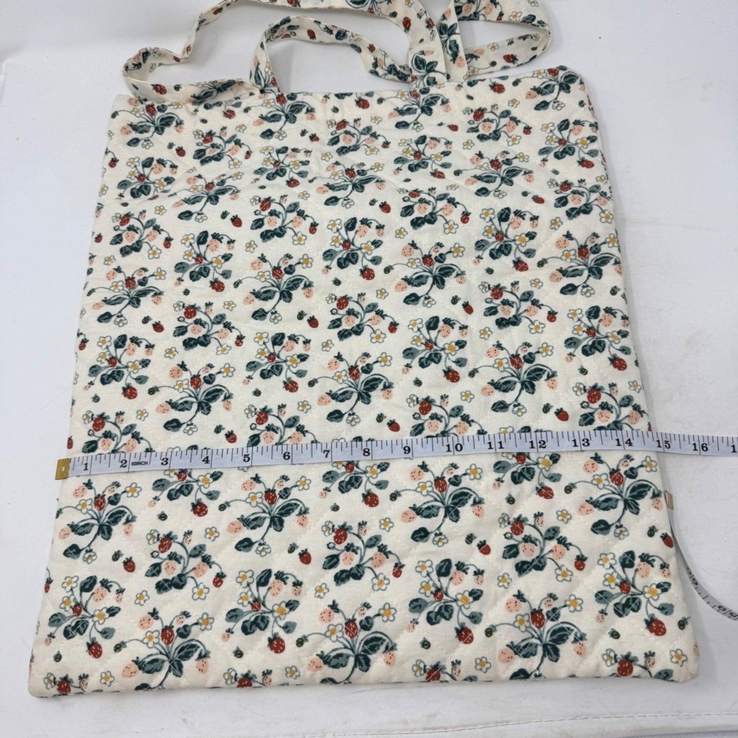 Creative Co-op Strawberry Floral Quilted Cotton Tote Bag Cream Red Green