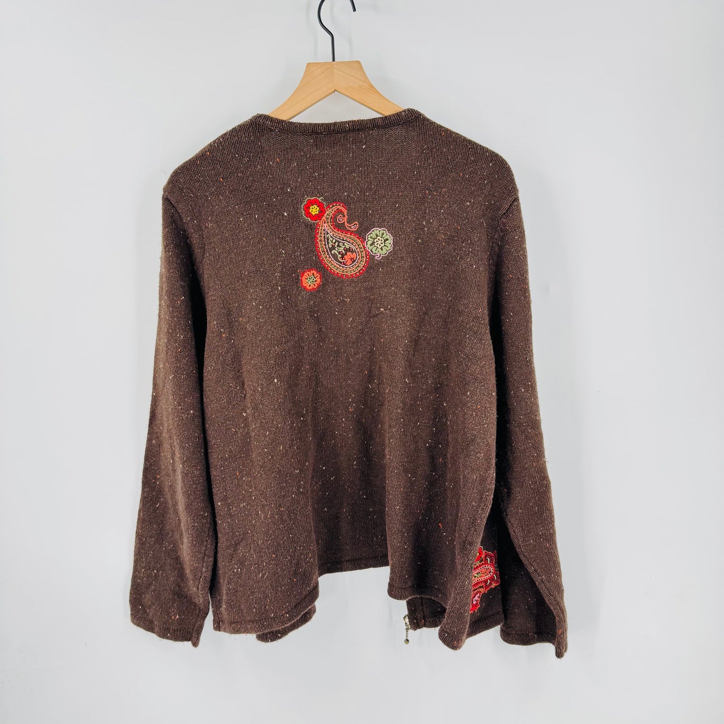 Vintage Croft & Barrow Embroidered Paisley Zip Cardigan Brown Sweater Size XL