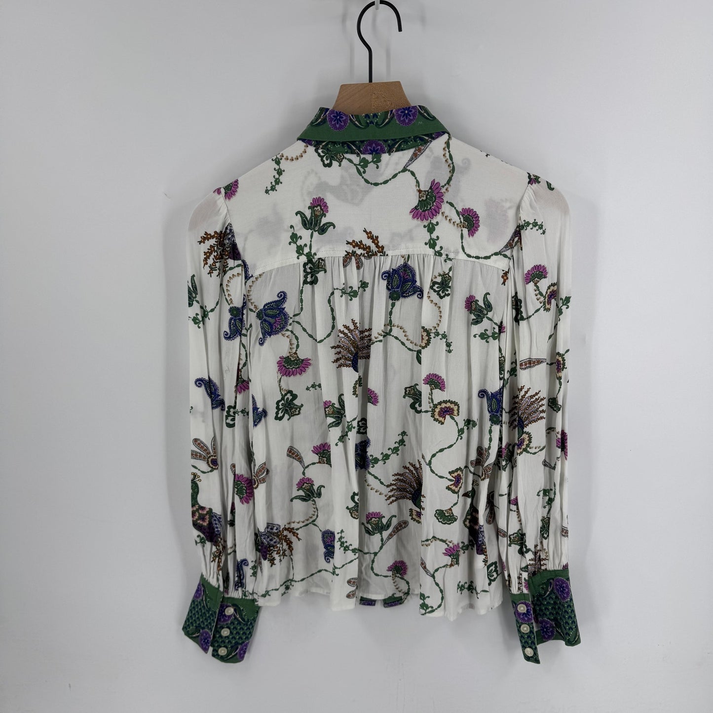 LOFT Floral Festival Artsy Button Front Blouse Green Purple Boho Top XS Peacock