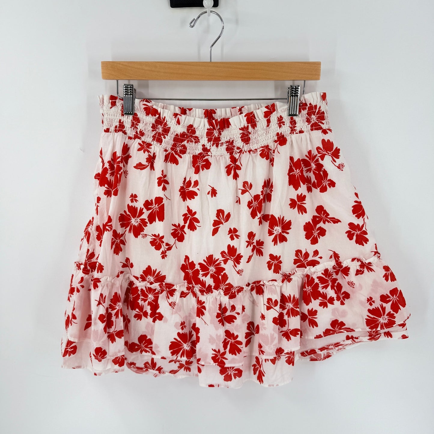 J. Crew Factory Floral Mini Skirt Red White Large Ruffle Hem Summer Coastal
