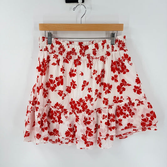 J. Crew Factory Floral Mini Skirt Red White Large Ruffle Hem Summer Coastal