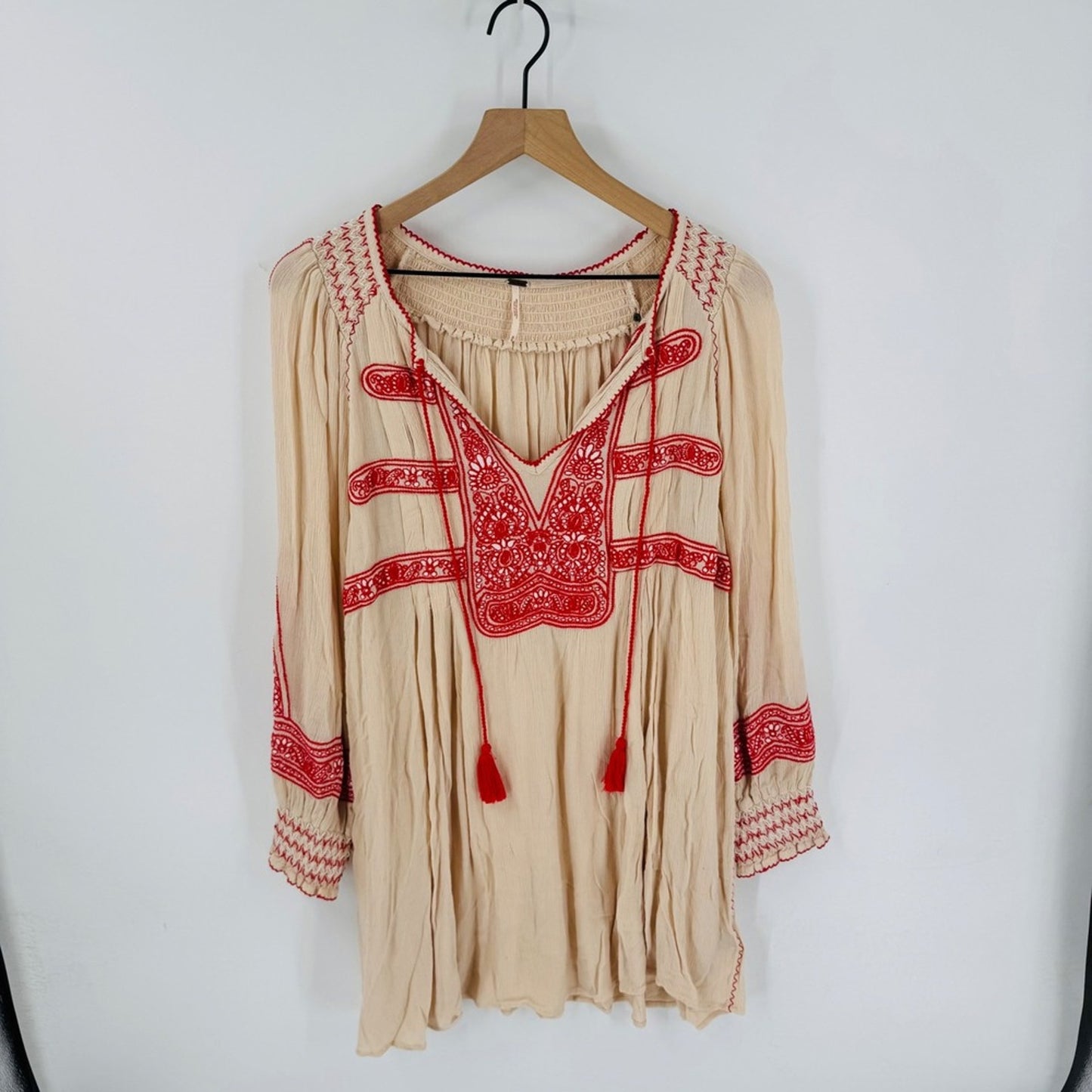 Free‎ People Wind Willow Mini Dress Embroidered Tassel Peasant Cream Red Size M