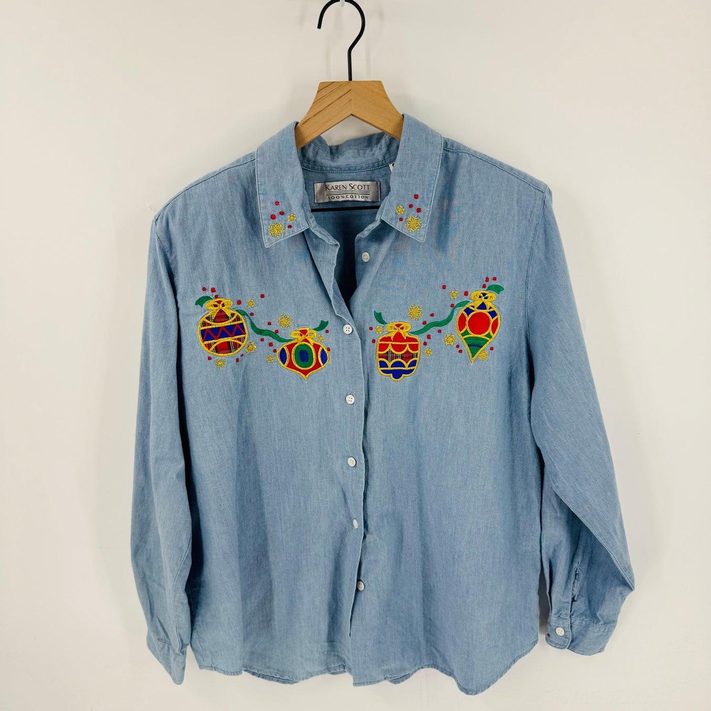Vintage Karen Scott Chambray Button Down Christmas Ornament Embroidered Shirt L