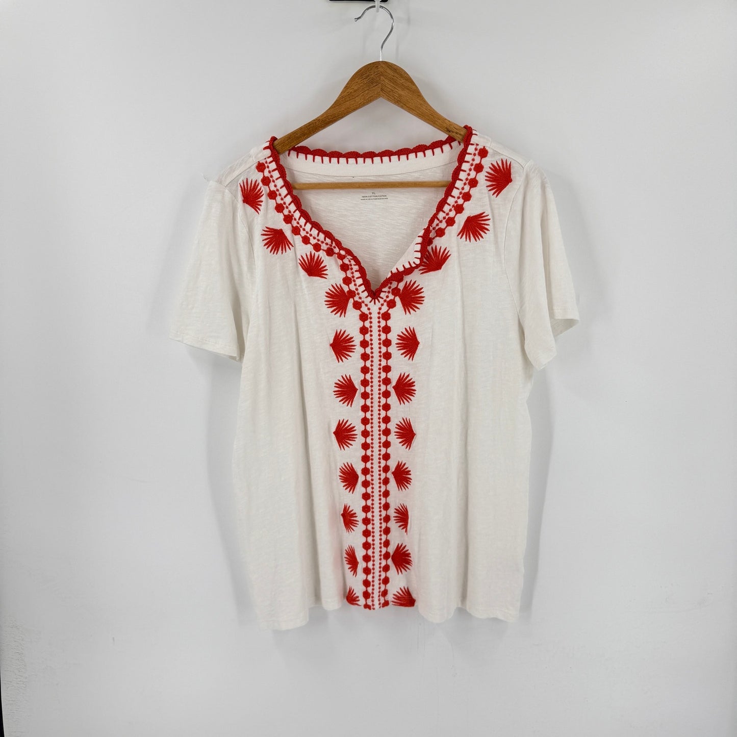 Talbots Embroidered Top Ivory Red XL Coastal Boho Americana