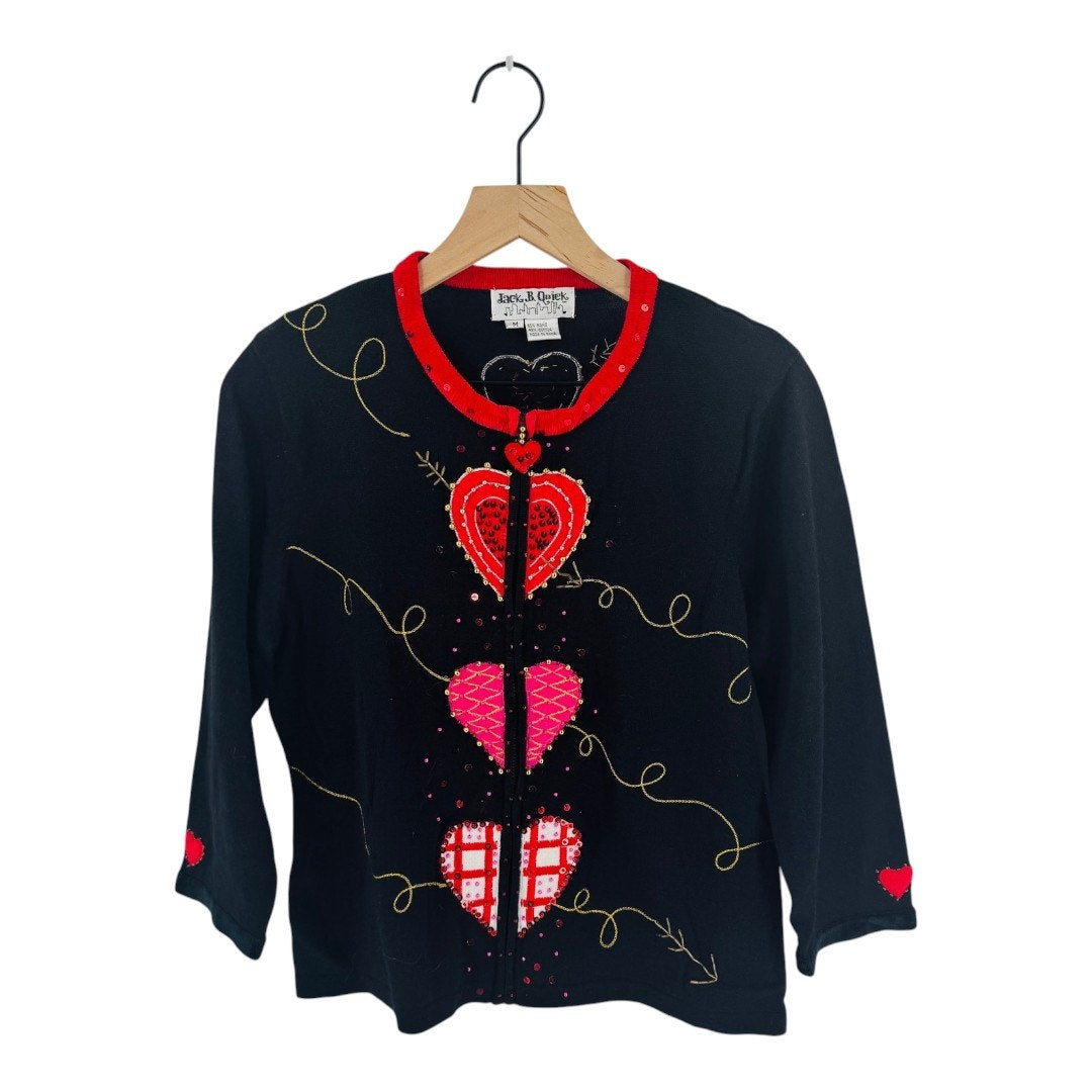 Vintage Jack B Quick Embellished Cardigan Heart Zip Black Red Sweater Size M