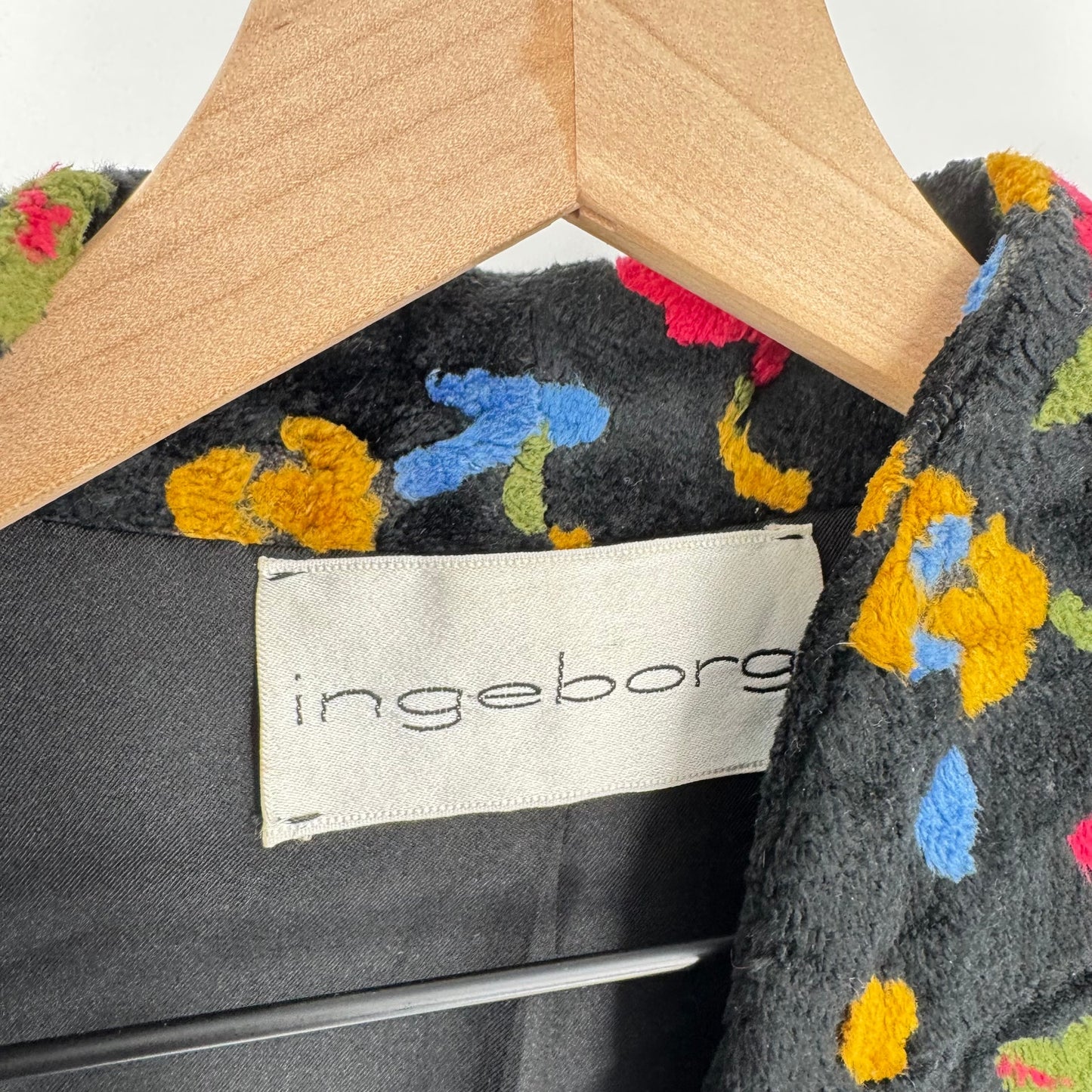 Vintage Ingeborg Black Floral Fuzzy Cropped Jacket Open Front Stand Collar