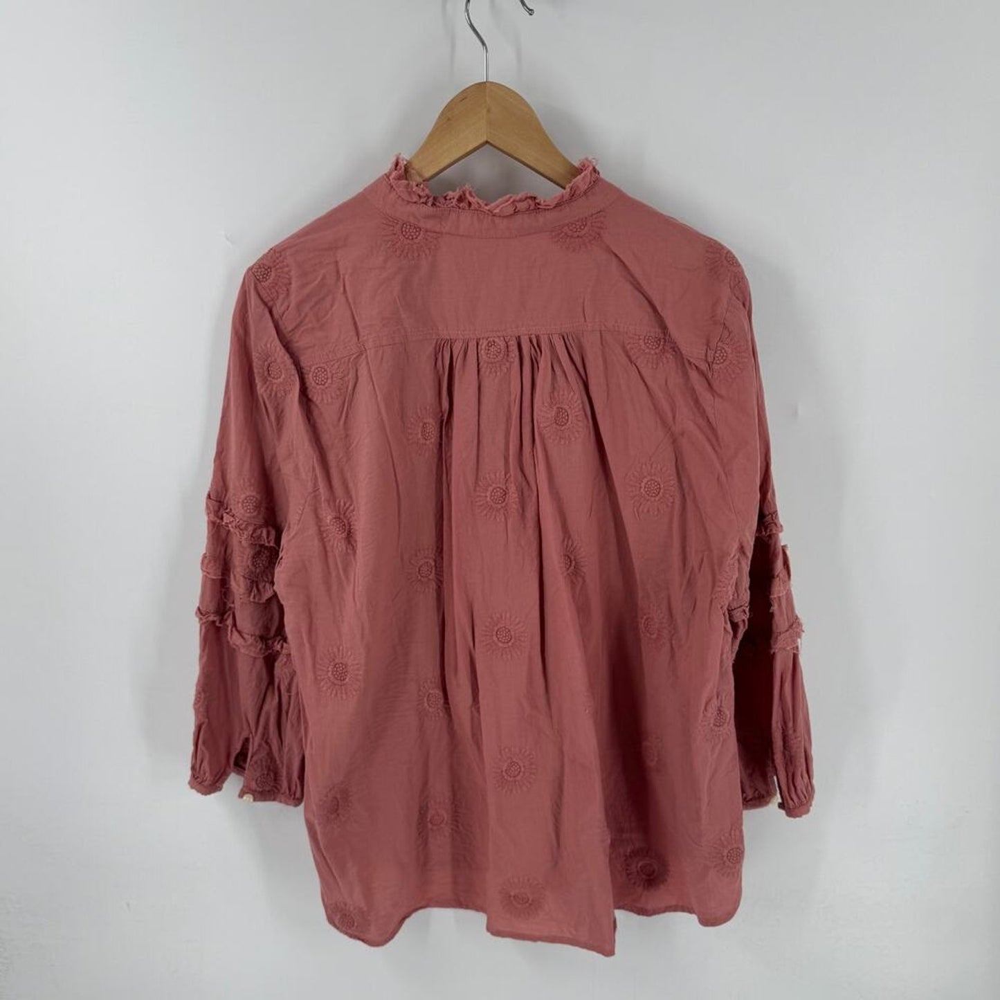 Anthropologie Isabella Sinclair Pink Mauve Ruffle Boho Cottage Sleeves Blouse XL