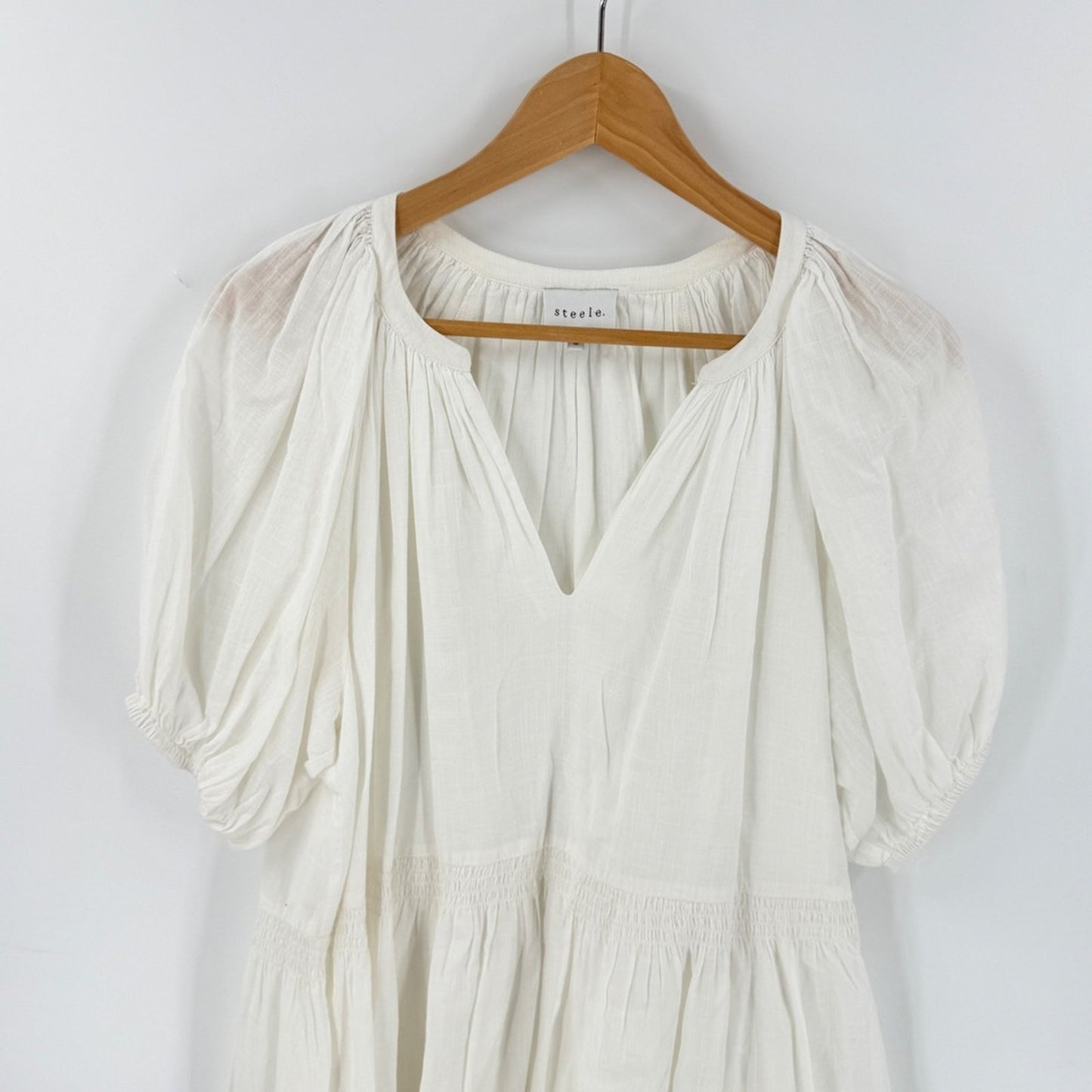 Anthropologie Steele Tiered White Mini Dress Medium Puff Sleeve Smocked Prairie