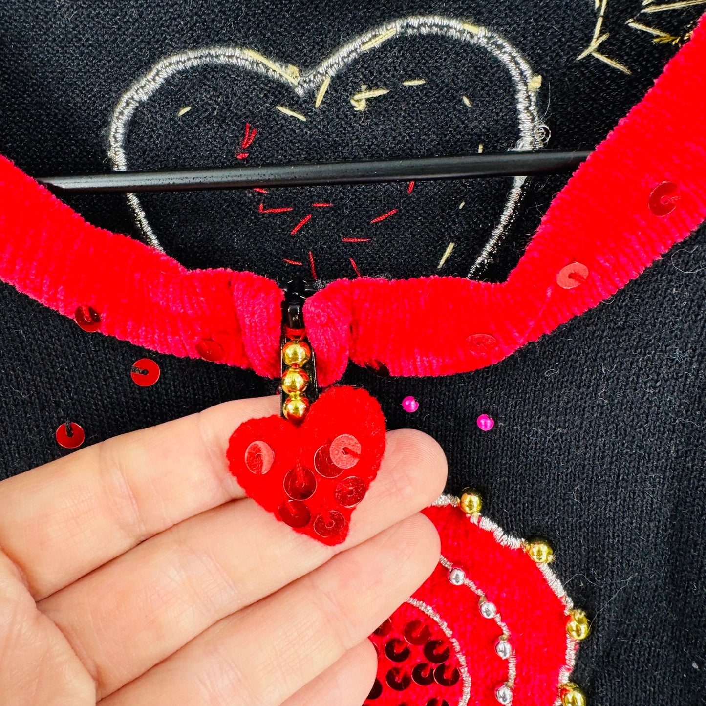 Vintage Jack B Quick Embellished Cardigan Heart Zip Black Red Sweater Size M