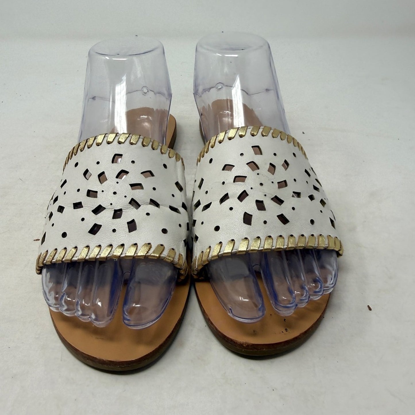 Jack Rogers Slip On Sandals White Gold Whipstitch Flats Size 8 Preppy‎ Coastal