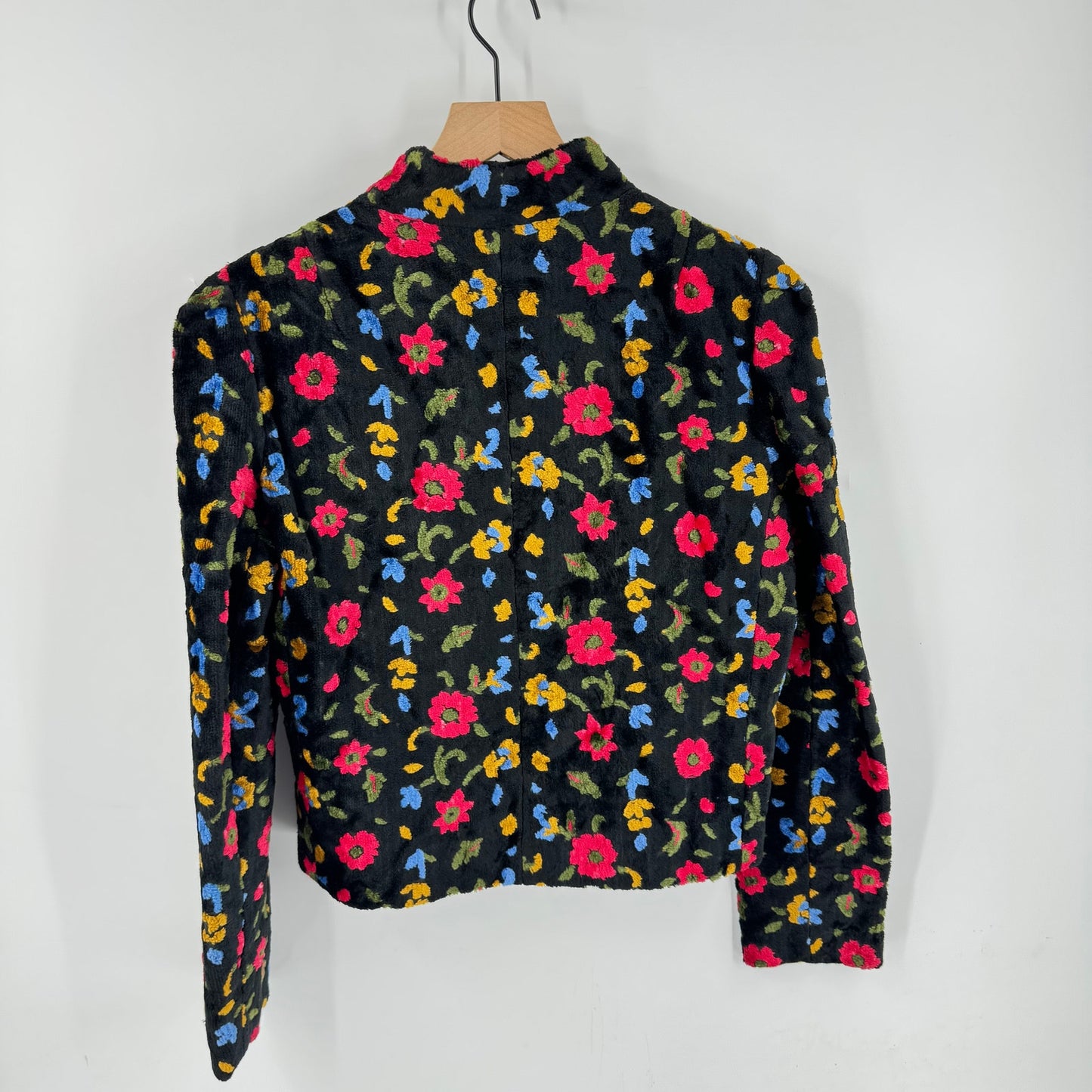 Vintage Ingeborg Black Floral Fuzzy Cropped Jacket Open Front Stand Collar
