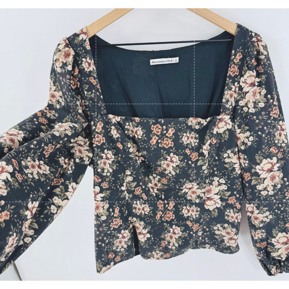 Abercrombie & Fitch Dark Floral Square Neck Corset Romantic Long Sleeve Top Large