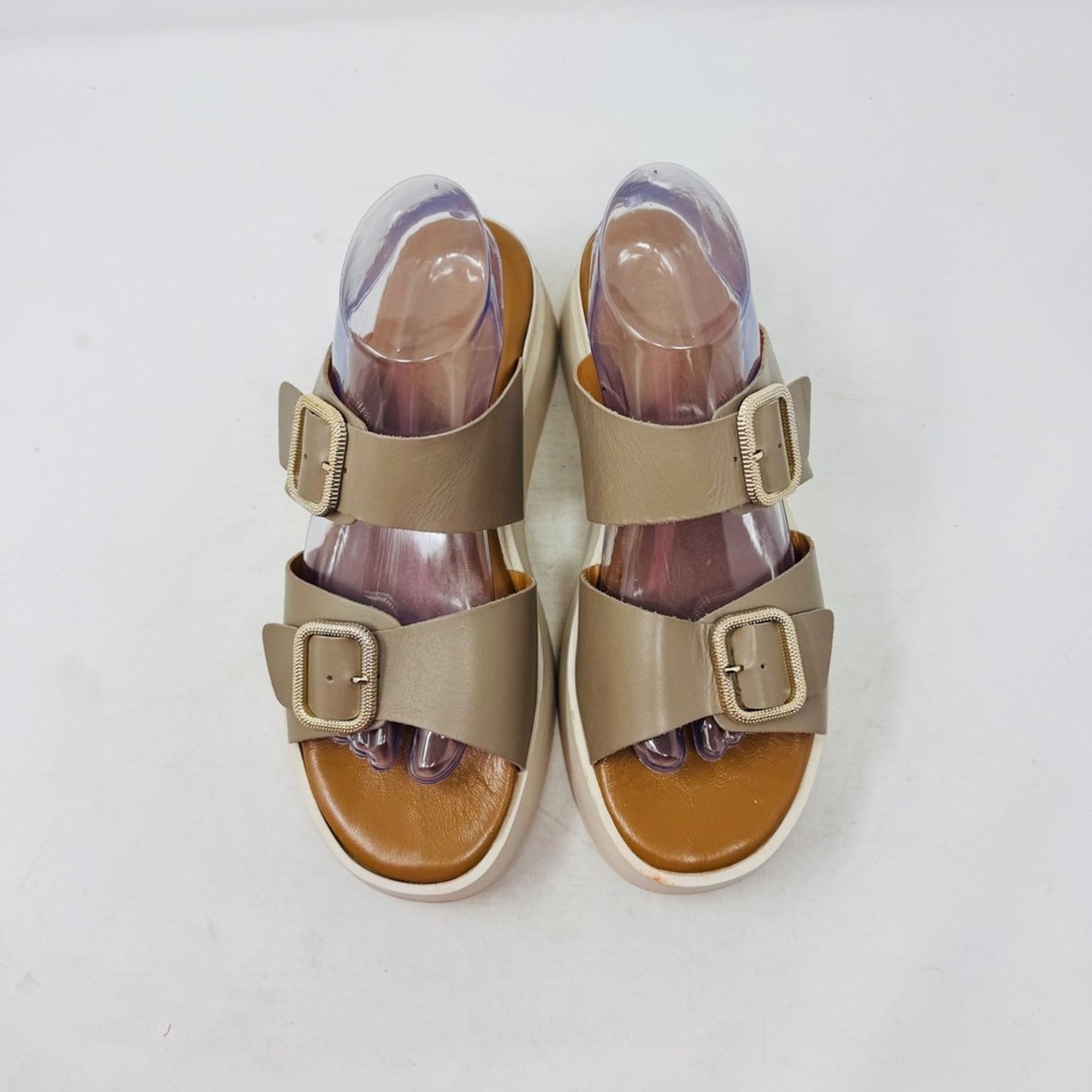 Simona Rossi Leather Platform Slide Sandals Taupe Size 42 Chunky Double Buckle