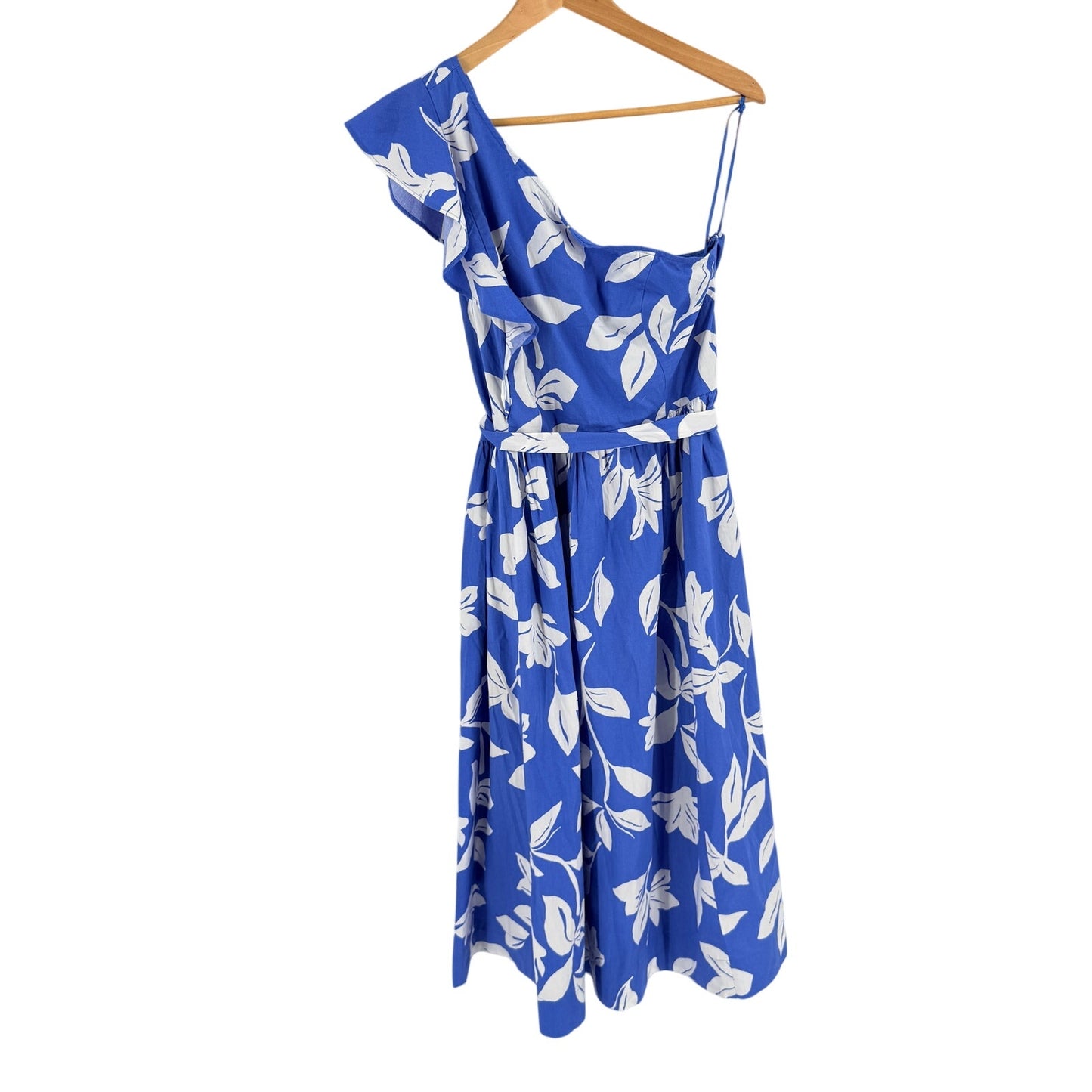 J. Crew Factory One Shoulder Floral Midi Dress Blue White Size 14 Belted