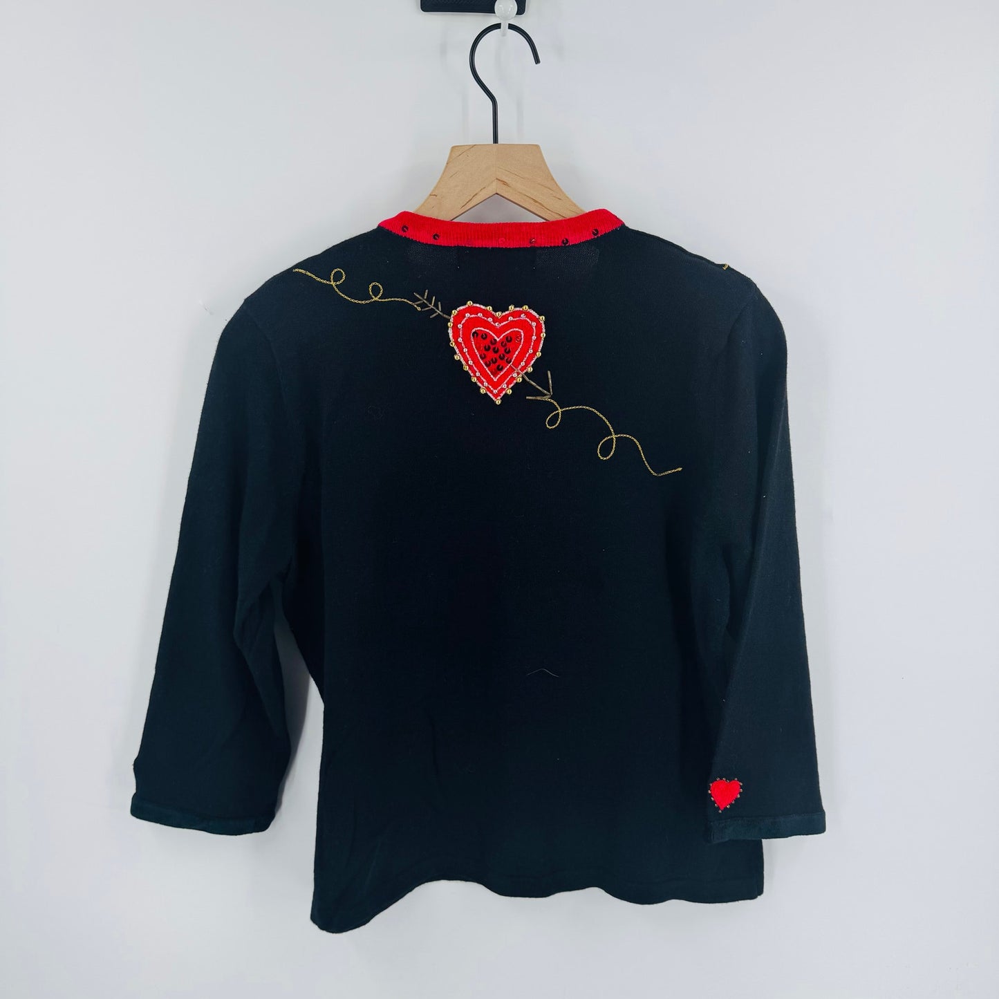 Vintage Jack B Quick Embellished Cardigan Heart Zip Black Red Sweater Size M