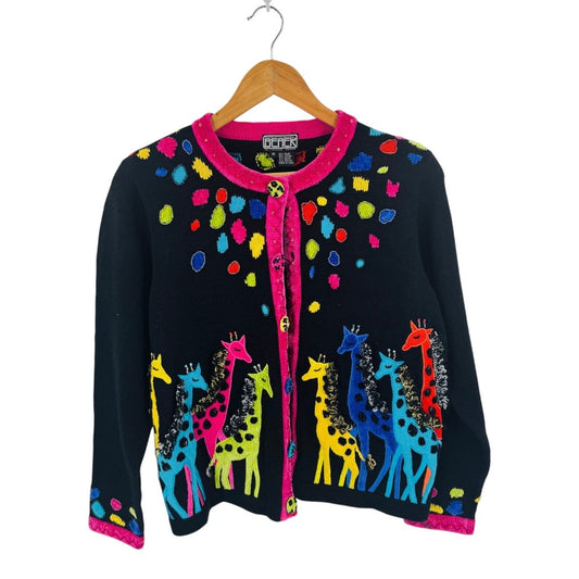 Vintage Berek 2 Embroidered Giraffe Cardigan Black Multicolor Button Front Sz M