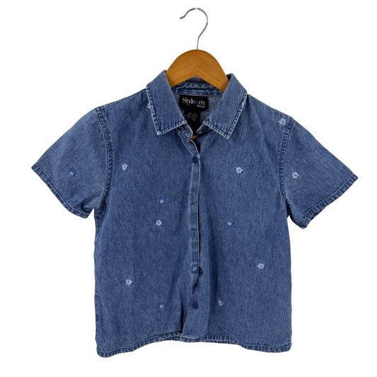 Vintage Style & Co Petite Denim Top Size 6P Embroidered Floral Coastal Cottage