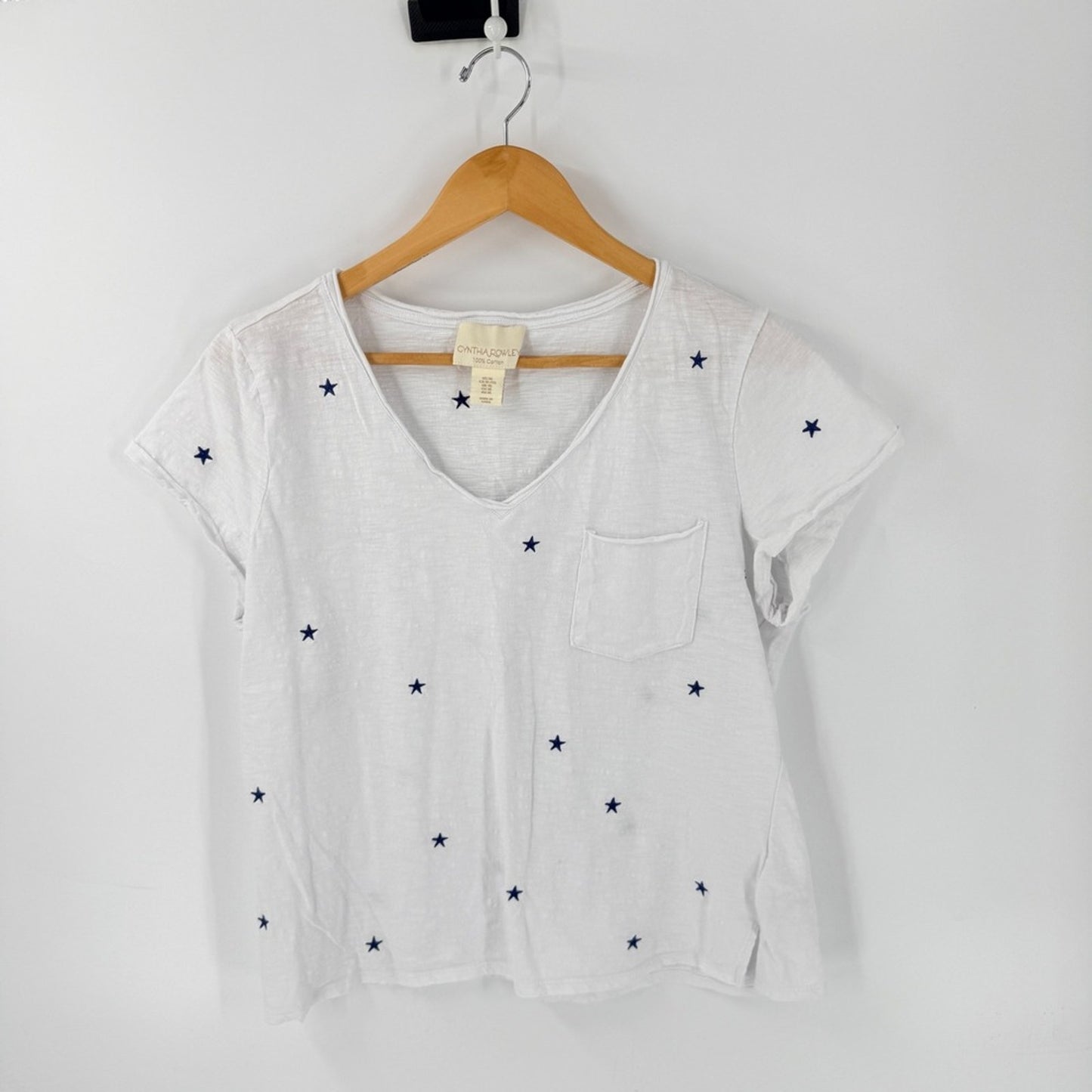 Cynthia Rowley Embroidered Star Print Pocket Tee White XL Patriotic Coastal