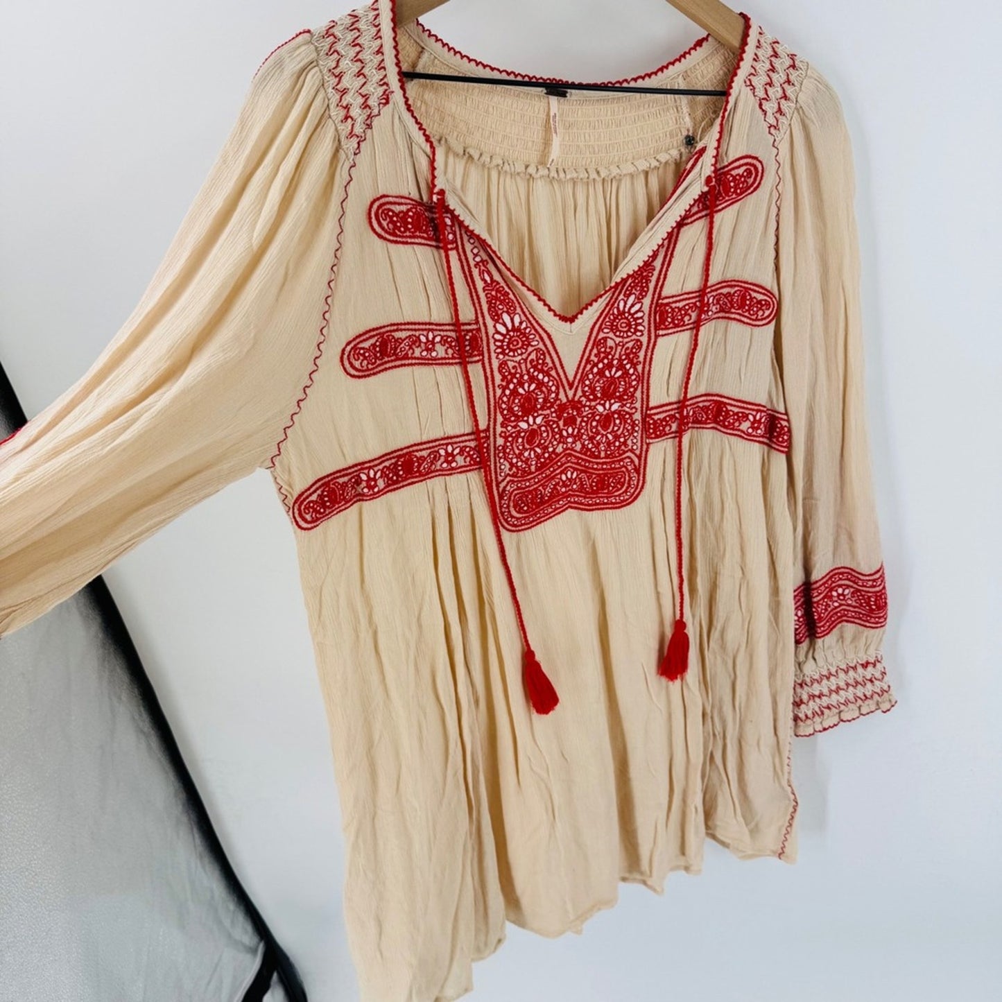 Free‎ People Wind Willow Mini Dress Embroidered Tassel Peasant Cream Red Size M