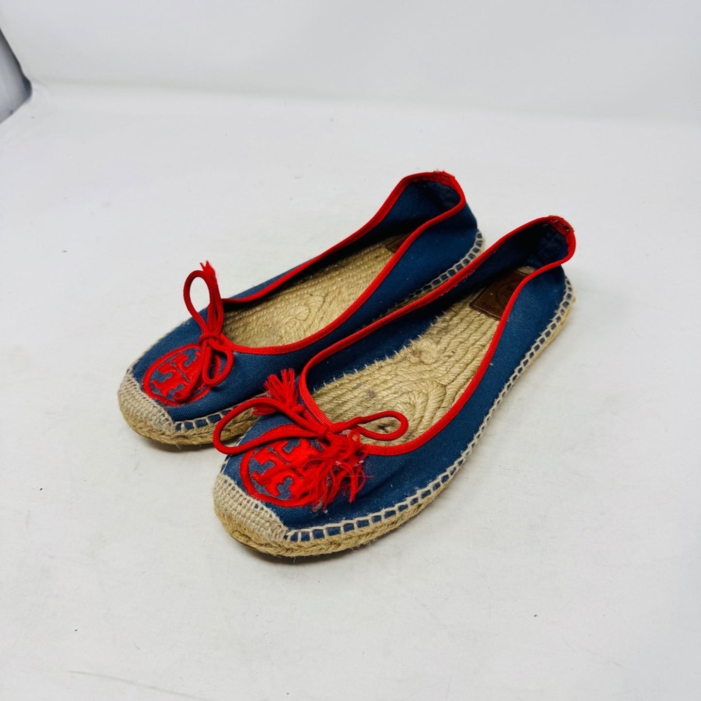 Tory Burch Canvas Espadrille Ballet Flats Bow Tassel Blue Red Slip On Size 8