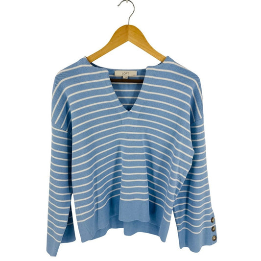 LOFT Light Blue White Striped V-Neck Sweater Size S Nautical Coastal Preppy