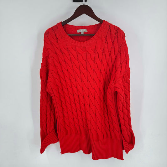 J.Crew Red Cotton Cable Knit Heavy Sweater Size L-XL Side Slit Crewneck Classic