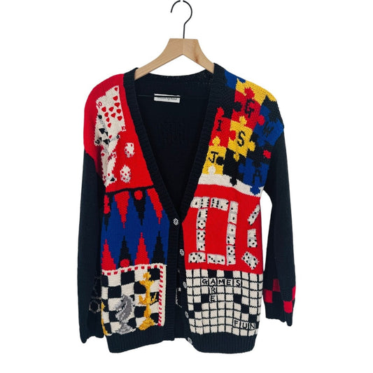 Vintage Hand Knit Games Puzzle Cardigan Black Colorblock Button Front Retro