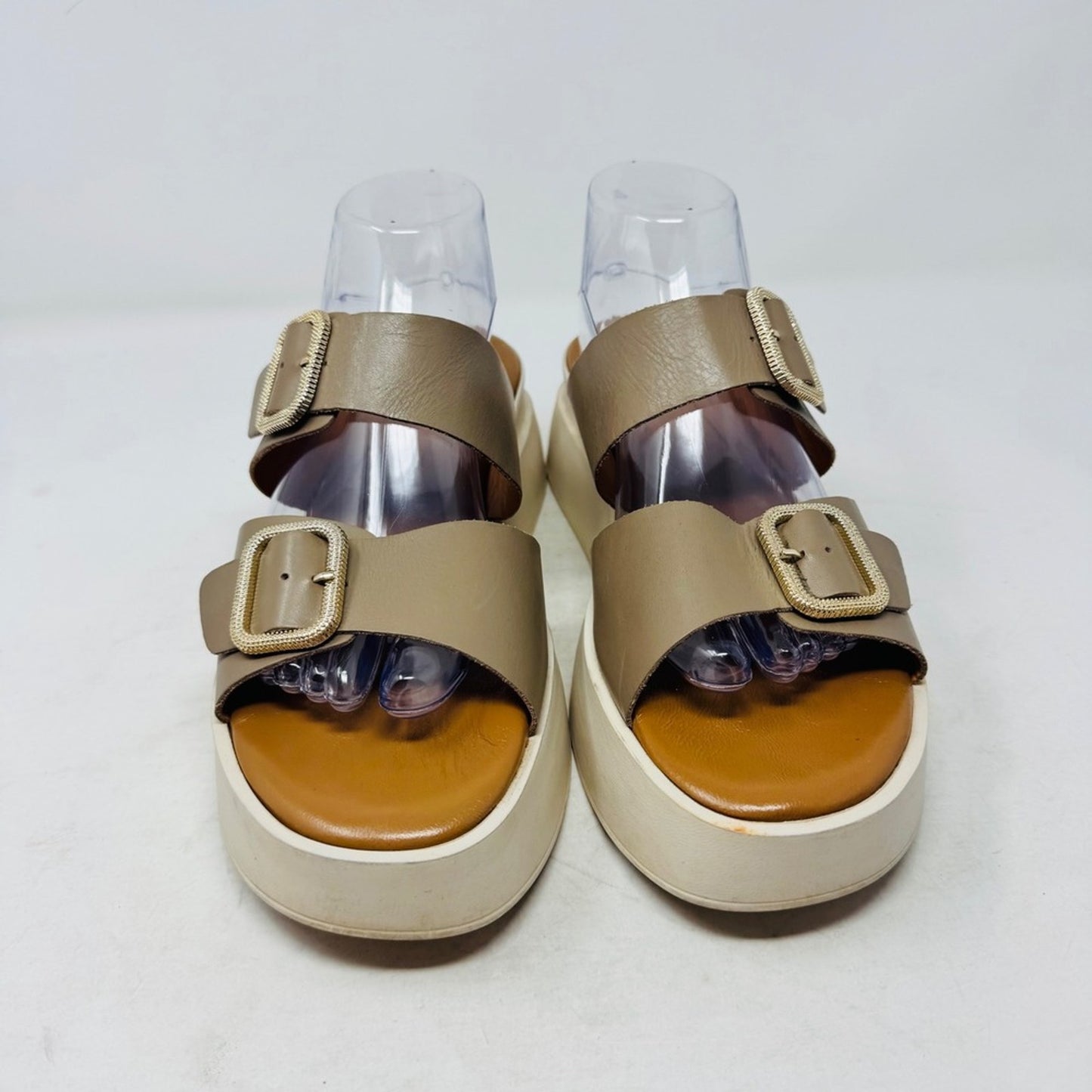 Simona Rossi Leather Platform Slide Sandals Taupe Size 42 Chunky Double Buckle