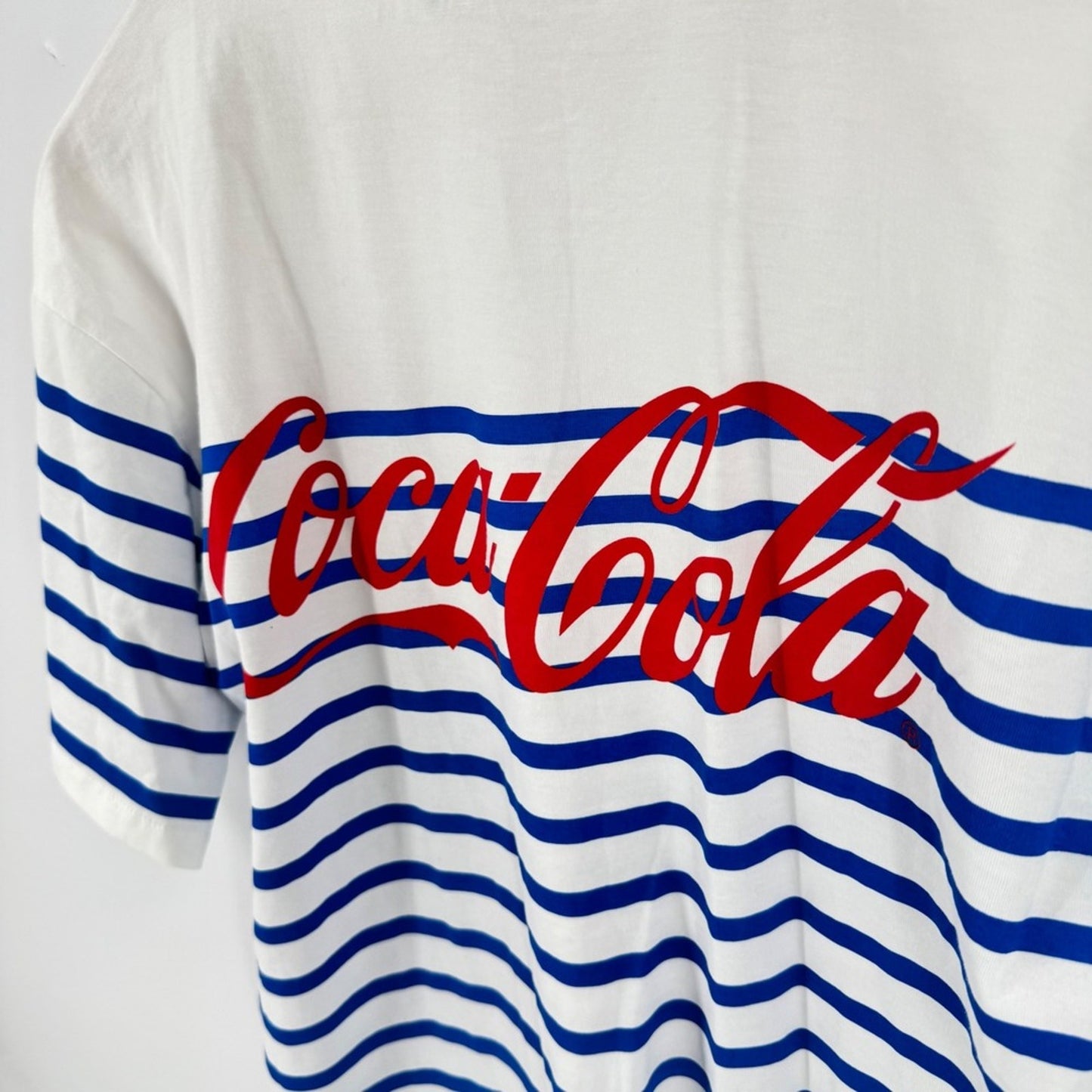 Zara Coca-Cola Striped T-Shirt White Blue Medium Retro Graphic Tee Short Sleeve