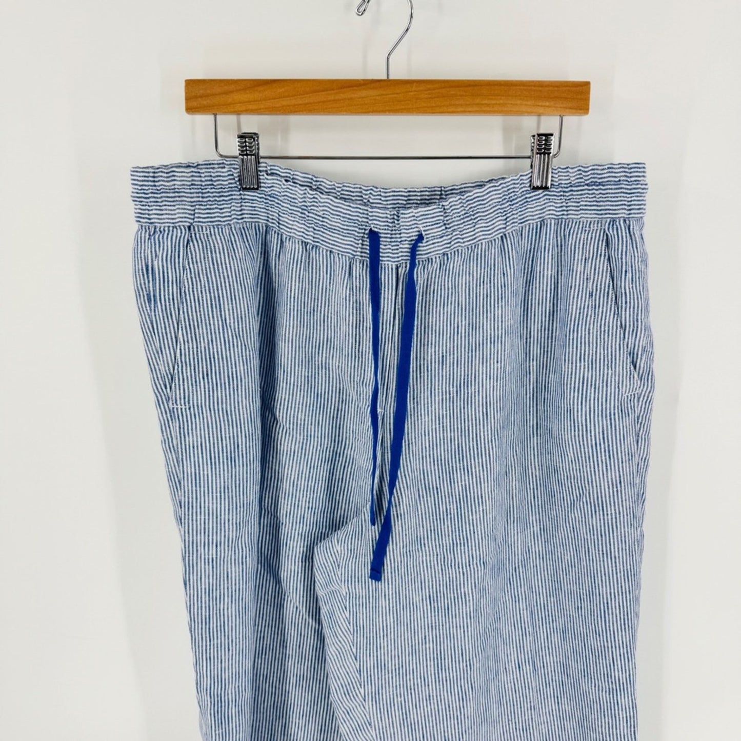 Talbots Linen Pants Blue White Stripe XLP Petite Coastal Summer Beachy Relaxed