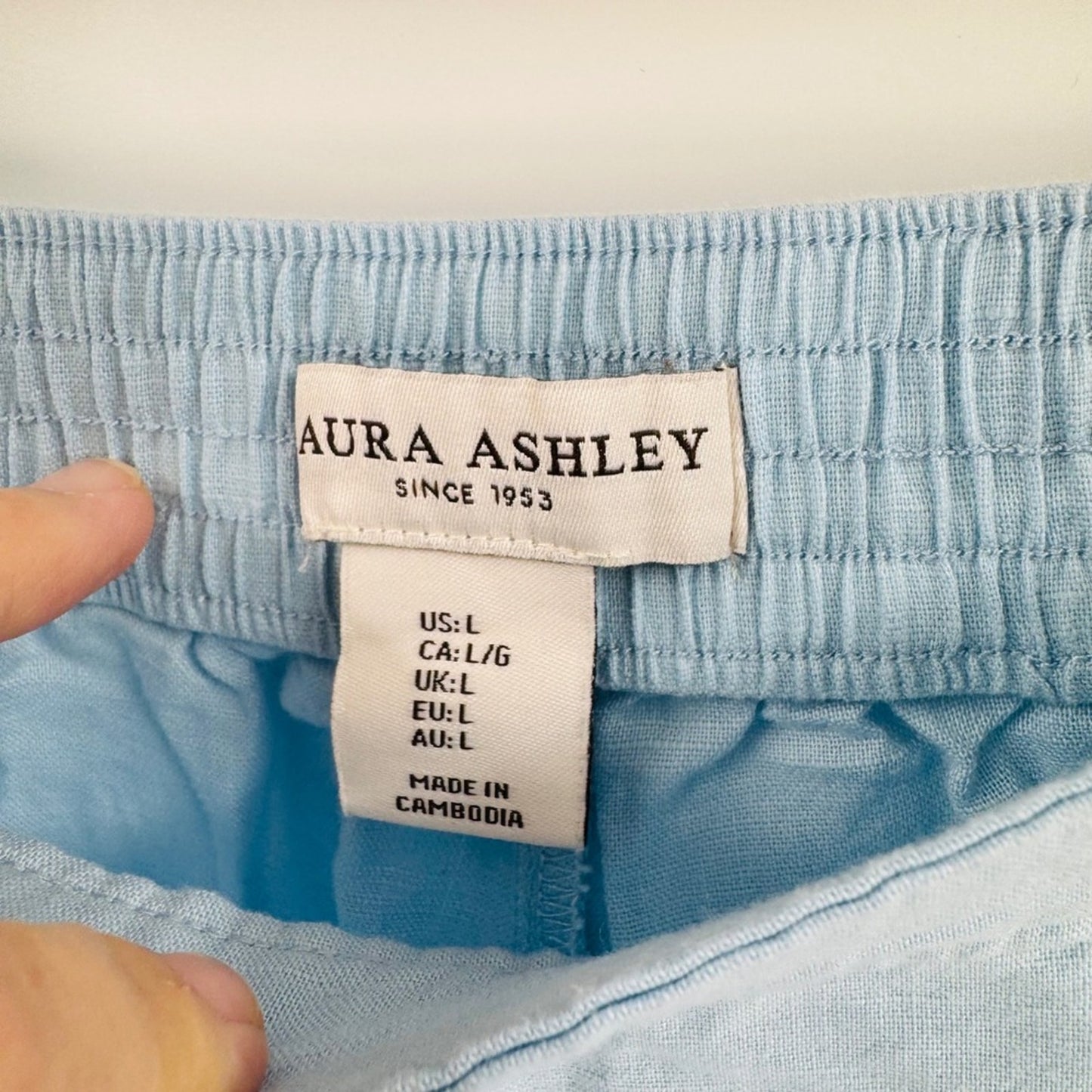 Aura Ashley Linen Blend Eyelet Hem Wide Leg Pants Pastel Blue Large Boho Coastal